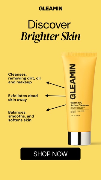 A clean, high-contrast visual ad featuring a Vitamin C Active Cleanser with direct pointers highlighting key product benefits for effective consumer communication.